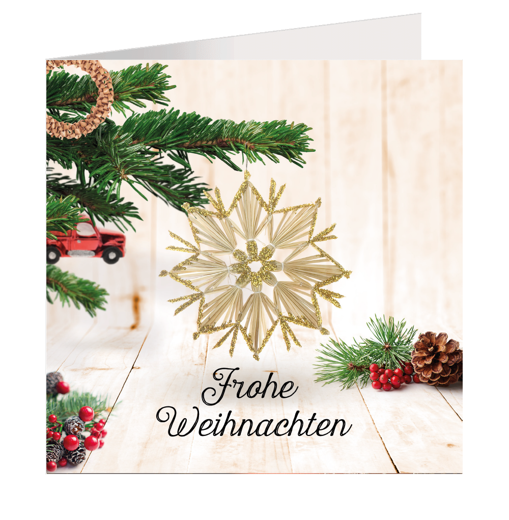 Weihnachtskarte mit Tannenzweigen, Stechapfelzweigen und reuch verziertem Strohstern auf grünem Hintergrund. Darauf Steht 'Frohe Weihnachten'